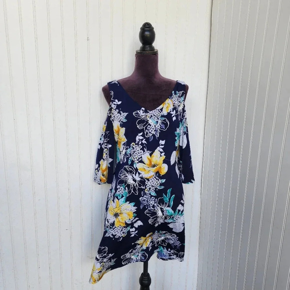 Connected Apparel Navy Blue Yellow Cold Shoulder Floral Dress Stretch Flare Sz 6 - Picture 1 of 12